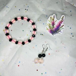 Pink Aura Quartz and Black Obsidian Bracelet and Earrings set